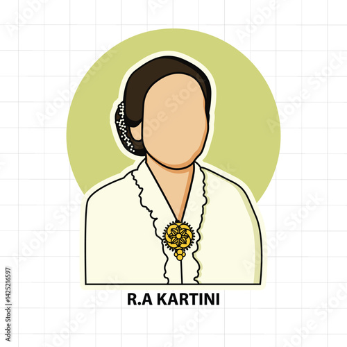 Illustration of R.A. Kartini, Indonesian women's rights pioneer, in traditional Javanese attire with a determined expression.