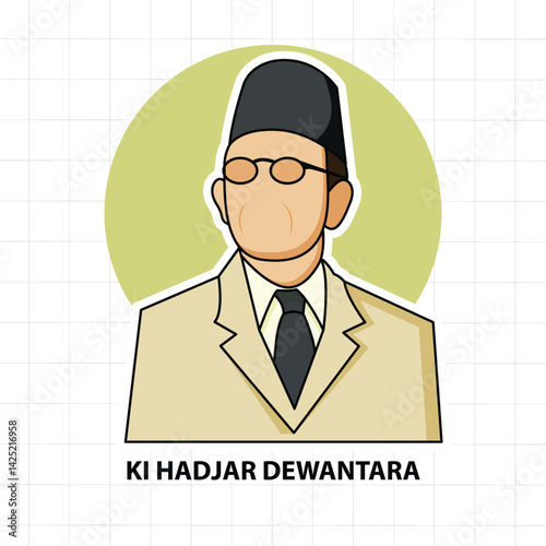 Illustration of Ki Hajar Dewantara, Indonesian education pioneer, in traditional Javanese attire, radiating wisdom.