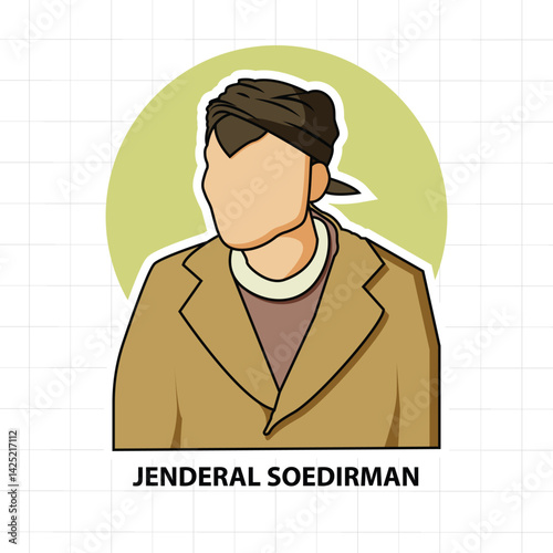 Illustration of General Soedirman, Indonesian military hero, in uniform with a dignified expression.