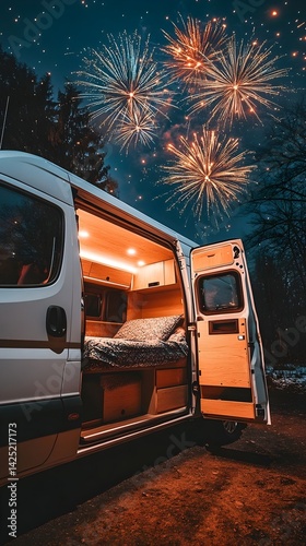 Campervan Interior Night Scene with Fireworks Display Cozy Van Life Adventure