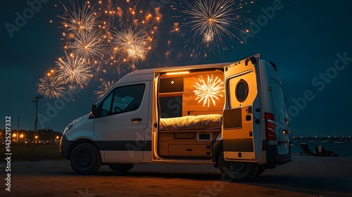 Campervan Vacation Night Scene Fireworks Beach Holiday Celebration