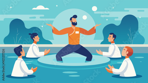 An instructor guiding a class through a series of tai chi movements in a warm water pool using the peacefulness of the water to enhance the mindbody. Vector illustration