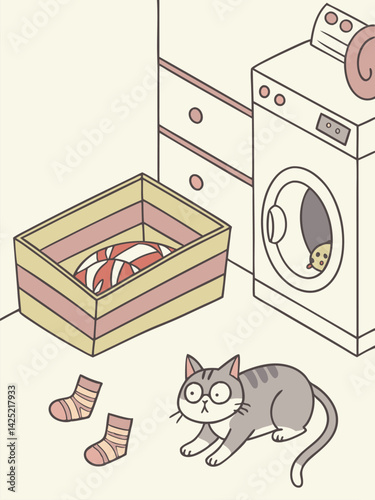 Cute Cartoon Cat in Laundry Room with Washing Machine, Socks, and Box of Balls, Pastel Illustration