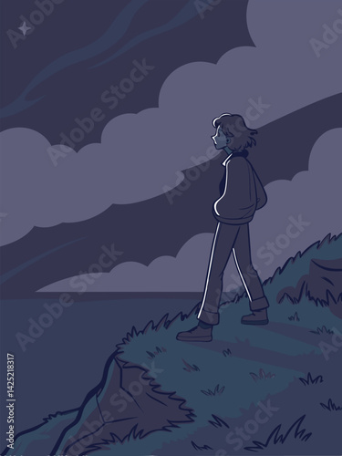 Lonely Figure Walks Cliffside at Night: Cartoon Illustration of Person Gazing at Starry Sky Over Ocean, Dramatic Scene