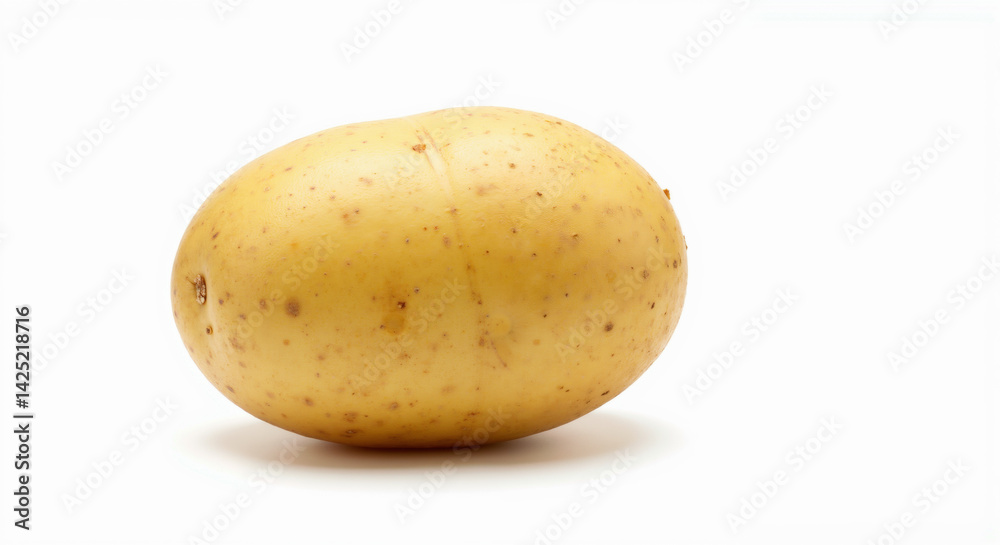 Single yellow potato with brown spots on white background. Fresh root vegetable with clean skin. Raw ingredient for cooking and food preparation in restaurants and home kitchens Single yellow potato with brown spots on white background. Fresh root vegetable with clean skin. Raw ingredient for cooking and food preparation in restaurants and home kitchens