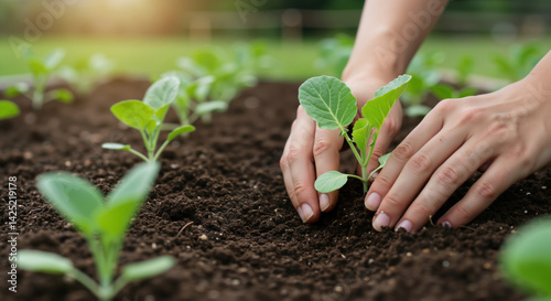 Woman hands planting cabbage seedling in soil with other plants in background. Spring gardening activity in vegetable patch. Organic farming and sustainability concept for home food production