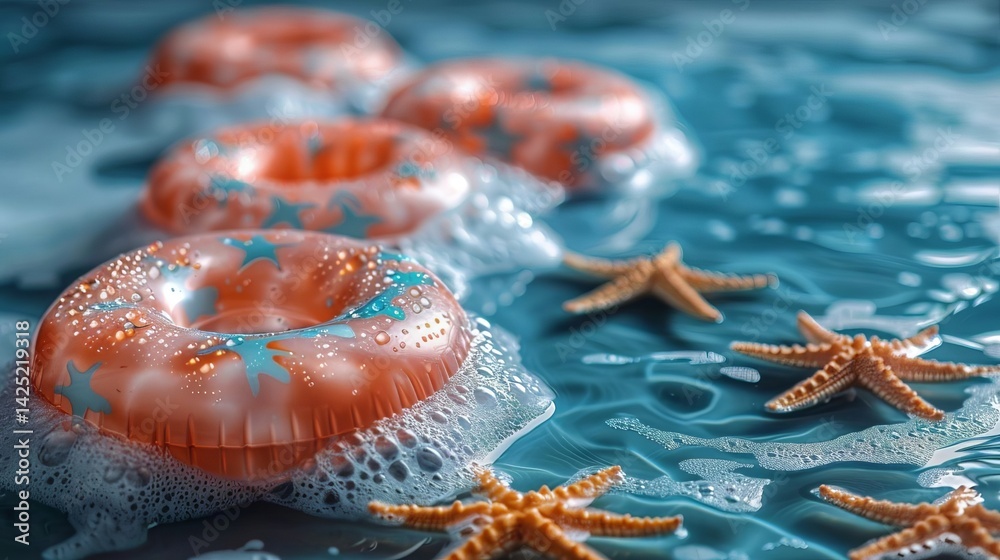 Naklejka premium Summer Fun Inflatable Rings Floating in Sparkling Water with Starfish