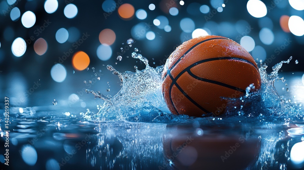 Basketball splashes water, cool bokeh light in background. Ideal for illustrating sports, competition, and determination. Basketball splashes water, cool bokeh light in background. Ideal for illustrating sports, competition, and determination.