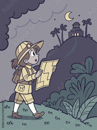 Young Explorer with Map at Night: Cartoon Illustration of Adventure, Discovery, and a Mysterious Landmark Under a Moonlit Sky