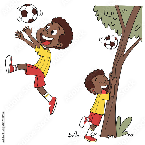Boy Playing Soccer: Cartoon Illustration of a Happy Child Kicking and Bouncing a Soccer Ball, Outdoor Fun, Playful, Colorful Style