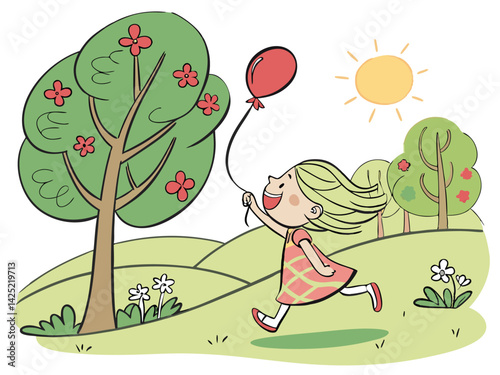 Girl Running with Red Balloon in Sunny Park: Cartoon Illustration, Happy Child, Green Trees, Landscape, Summer Day