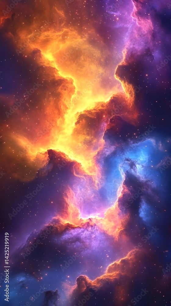 Fototapeta premium Vibrant Nebula Cosmic Cloudscape Orange Purple Blue Starry Night Space Background