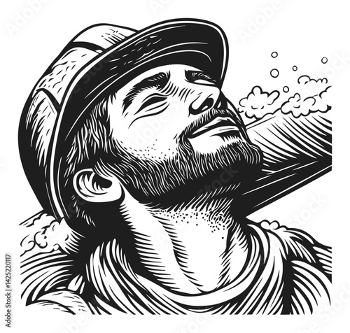 Man with a Hat Smiling in Engraved Style Illustrative Art