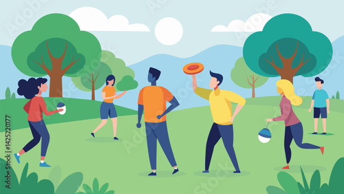 At the nearby park a group of coworkers meet for a game of frisbee during their lunch break fitness club combining fun and fitness to rejuvenate for. Vector illustration