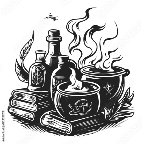 Vintage Engraving of Potion Bottles and Cauldron with Books