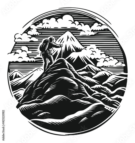 Adventurer Climbing Mountain in Engraved Style Illustration