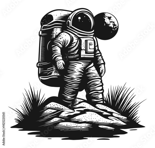 Astronaut Standing on Rock with Space Background in Engraving Style