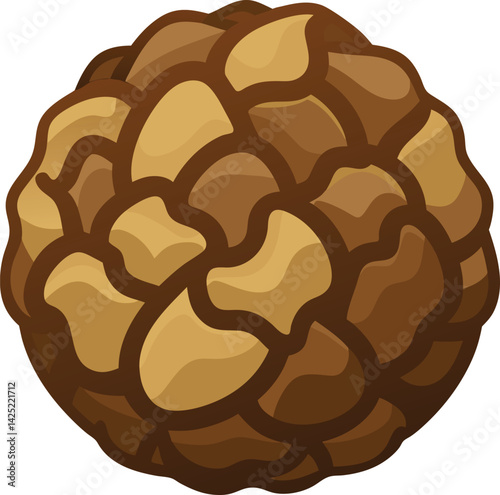 A cartoon illustration of a custard apple with brown and tan segments on a white background