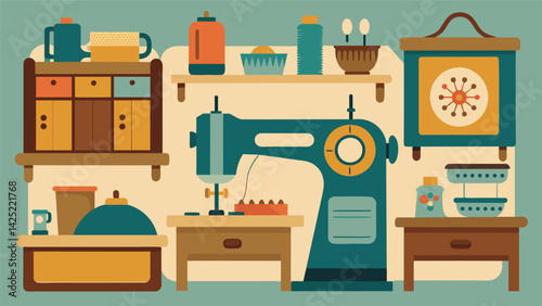 A display of antique sewing machines and sewing boxes showcasing the tools and storage ods of yesteryear.. Vector illustration