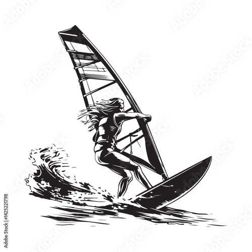 Windsurfing Image Vector. Black and white Woman windsurfing Vector Image Isolated on white background.