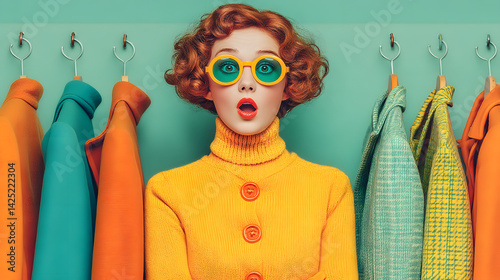 Stilvolle Frau im Retro-Look mit Überraschungsausdruck und bunter Garderobe
 photo