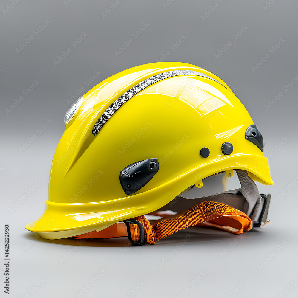 Fototapeta premium Close up view of a shiny yellow safety helmet with an orange chin strap, set against a neutral gray background. The helmet has subtle design elements and appears new and unused.