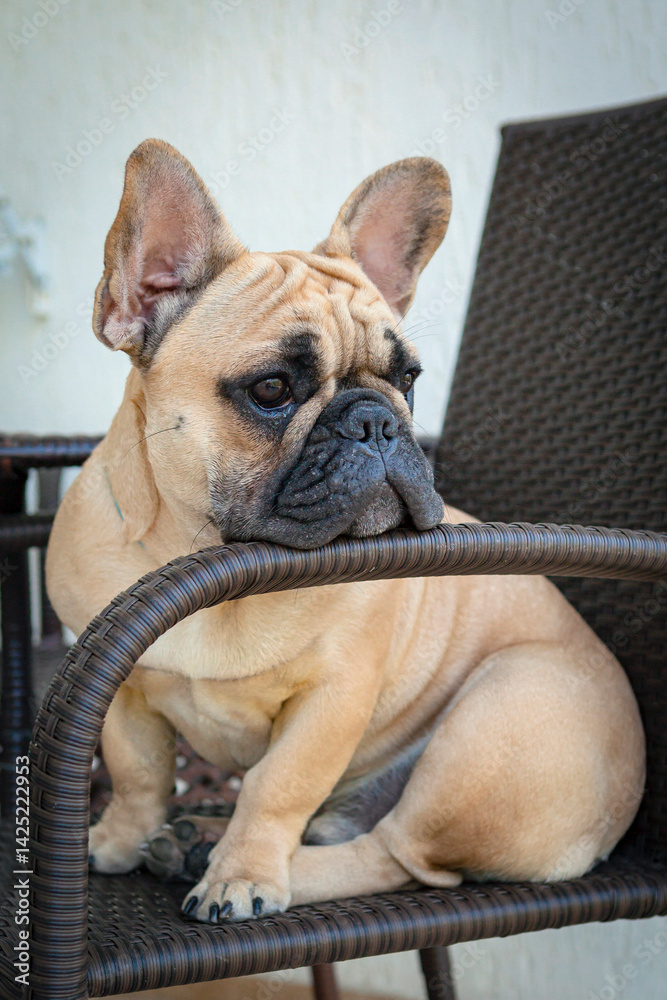 Obraz premium Funny French bulldog puppy sits on a chair at the table