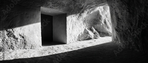 A striking black and white image of a cave interior with light streaming through openings.