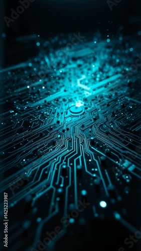 Abstract Circuit Board Glowing Teal Intricate pathways radiate energy in a cool teal glow.. AI Generated