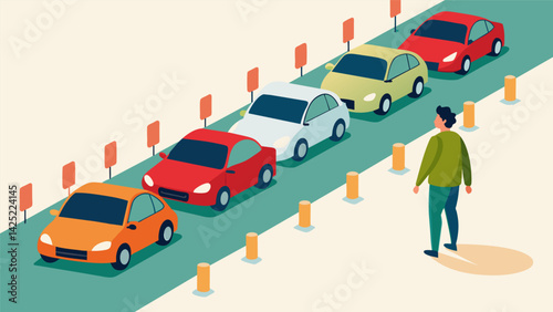 A commuter passing by a line of parked cars highlighting the spacesaving and trafficreducing benefits of sustainable transportation ods..