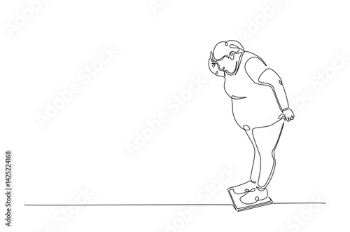 Unhappy obese woman on the scales in continuous one line drawing. Single line art illustration of female excess weight problems. Editable vector.