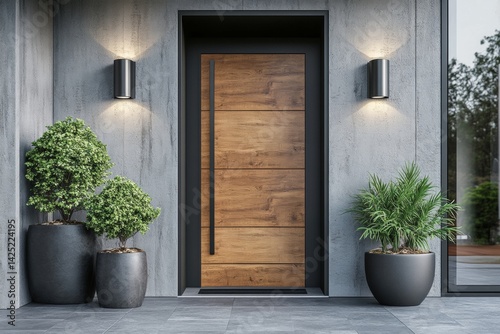 A large wooden door with a black trim sits in front of a house
