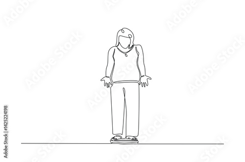 Unhappy obese woman on the scales in continuous one line drawing. Single line art illustration of female excess weight problems. Editable vector.