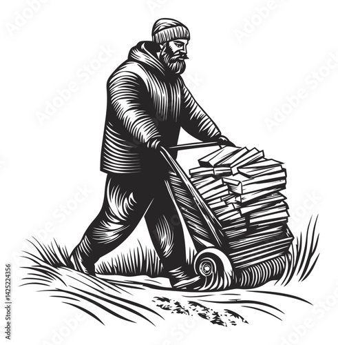 Woodcutter Engraving Illustration of Man with Wheelbarrow of Logs