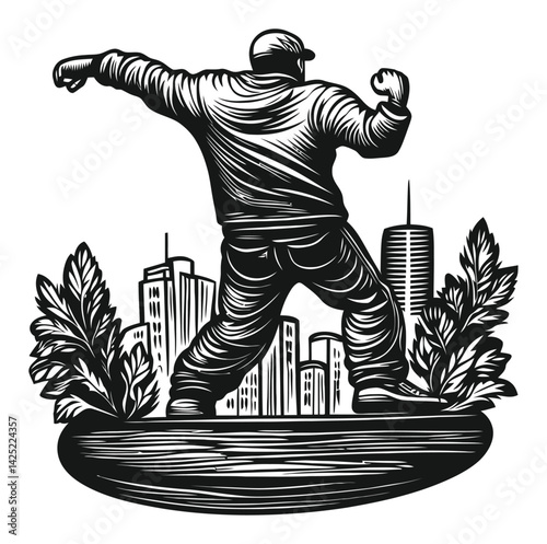 Dynamic Figure in Urban Landscape Engraving Illustration Artwork