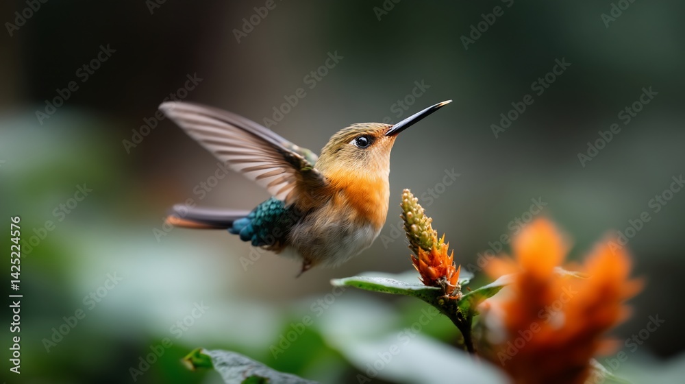 Obraz premium Hummingbird hovering, wings spread near orange flower. Detailed plumage and green foliage