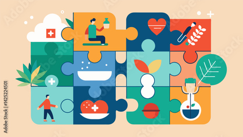 A puzzle with tered pieces each one representing a different aspect of mental health such as exercise therapy medication and positive relationships.