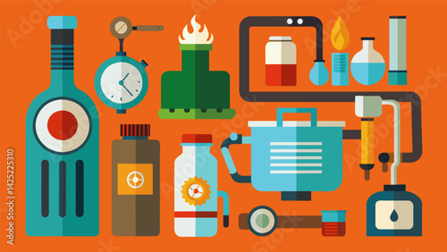 A display of quirky and functional household items made from salvaged materials like bottle caps and old pipes.. Vector illustration