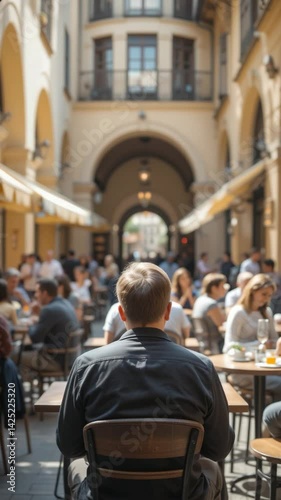 Man sits calmly in sunlit courtyard cafe Warm light enhances casual ambiance Pleasant outdoor dining scene.. AI Generated