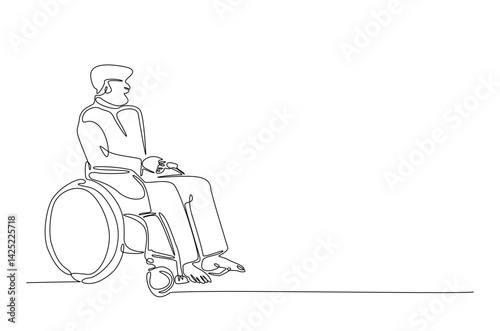 Woman with physical disability sitting in wheel chair in continuous one line drawing. Single line art illustration of disabled person on wheelchair. Editable vector.