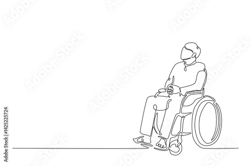 Woman with physical disability sitting in wheel chair in continuous one line drawing. Single line art illustration of disabled person on wheelchair. Editable vector.