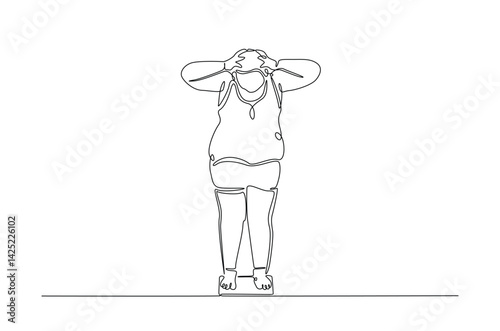 Unhappy obese woman on the scales in continuous one line drawing. Single line art illustration of female excess weight problems. Editable vector.