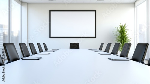 Modern minimalist conference room with large white table black chairs and a blank screen for meetings presentations and business discussions