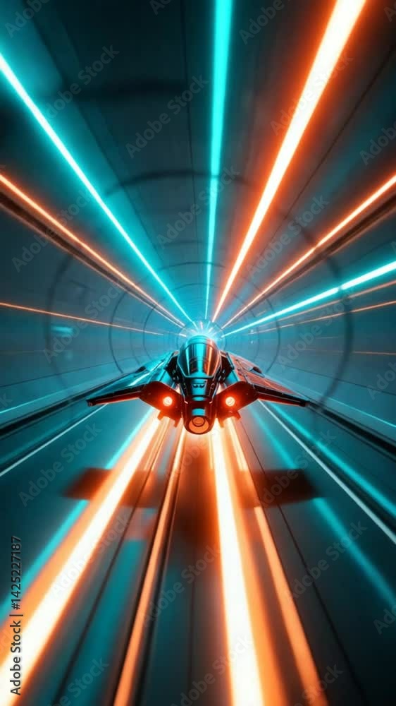 Futuristic craft speeds through vibrant neon tunnel dynamically lit with orange and teal streaks. AI Generated