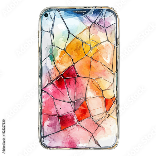 Cracked screen with protector glass overlay, watercolor illustration, isolated on a white background.

