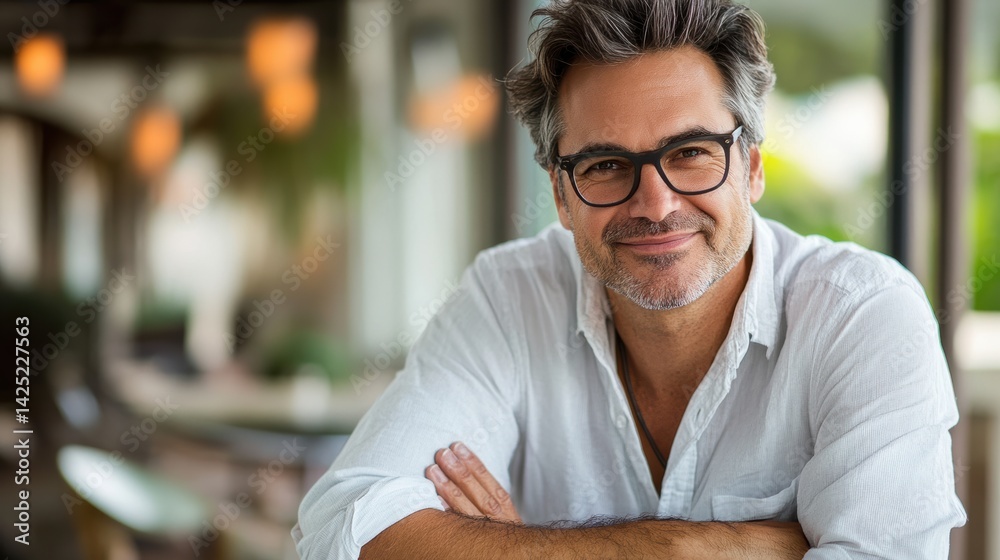 Obraz premium Portrait of a Smiling Middle-Aged Man with Glasses in a Casual Setting