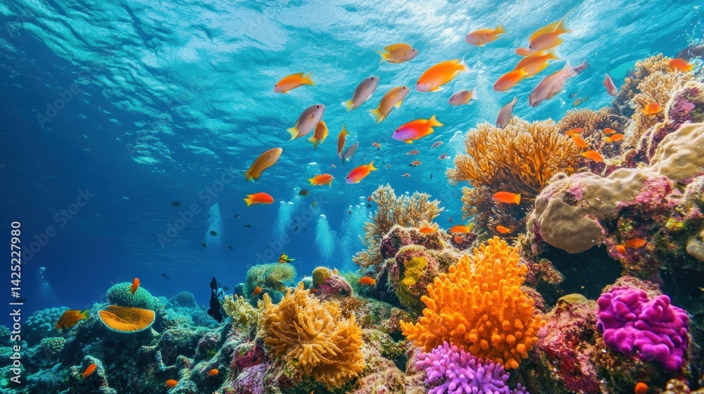 Naklejka premium Vibrant coral reef teeming with colorful fish in a shallow, sunlit ocean environment.