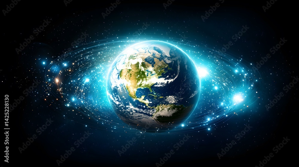 The image shows planet Earth, centered and brightly lit, surrounded by glowing blue streaks and sparkles that resemble orbital paths and stars against a dark space background. North and Central Amer The image shows planet Earth, centered and brightly lit, surrounded by glowing blue streaks and sparkles that resemble orbital paths and stars against a dark space background. North and Central Amer