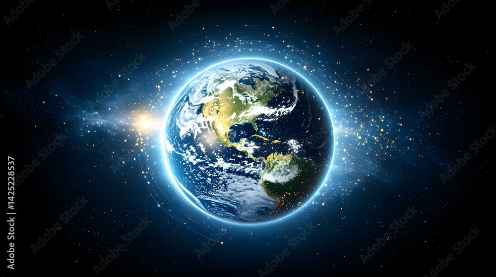 Fototapeta premium The image shows a digitally enhanced view of planet Earth from space, prominently displaying North and South America, surrounded by a glowing aura and streaks of light suggesting cosmic energy or con
