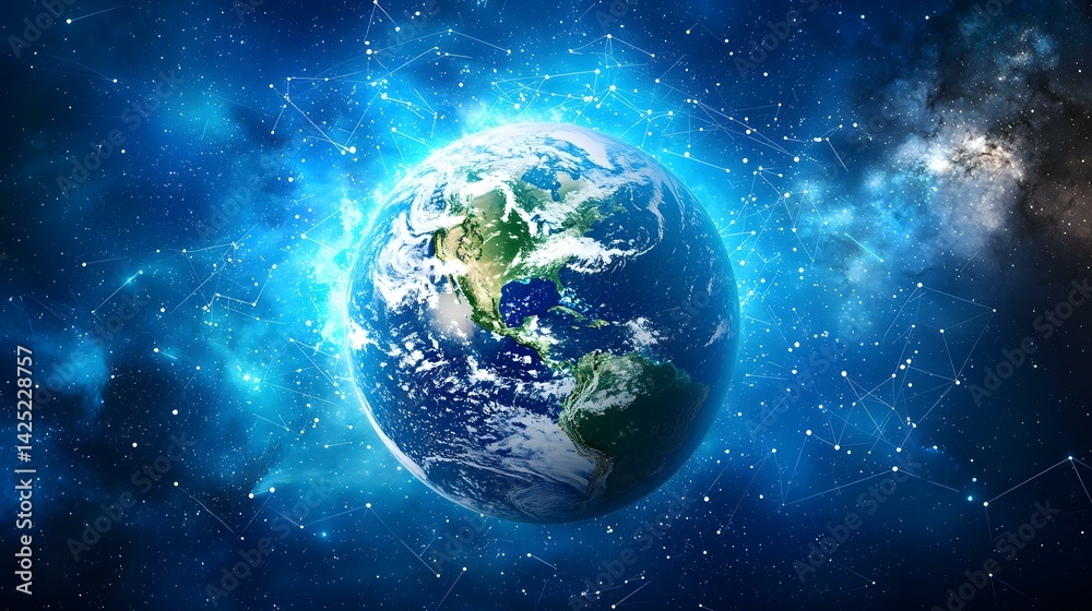 Obraz premium The image shows a detailed rendering of planet Earth, prominently displaying North and South America, set against a backdrop of a deep blue space filled with twinkling stars and a network of intercon